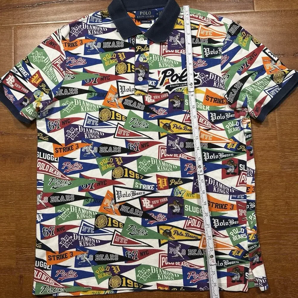 Ralph Lauren Pennant Flag Polo Shirt Mens M All Over Print AOP Baseball Bear